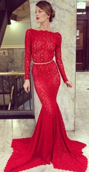 Lace Backless Prom Dresses Long Sleeves Sheer Mermaid High Bateau Neck Evening Gowns