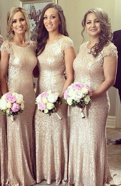 Sequined Crystal Short Sleeve Bridesmaid Dress Sexy Sweep Train Wedding Party Dresses