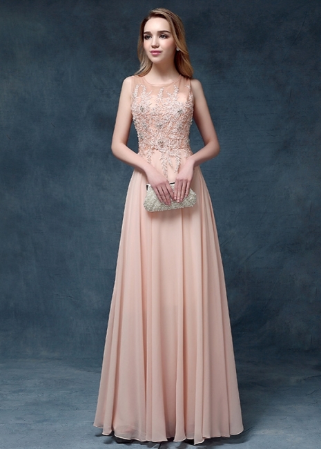 Chiffon Long Prom Dresses Lace Appliques Beaded Light Pink Floor Length Evening Gowns