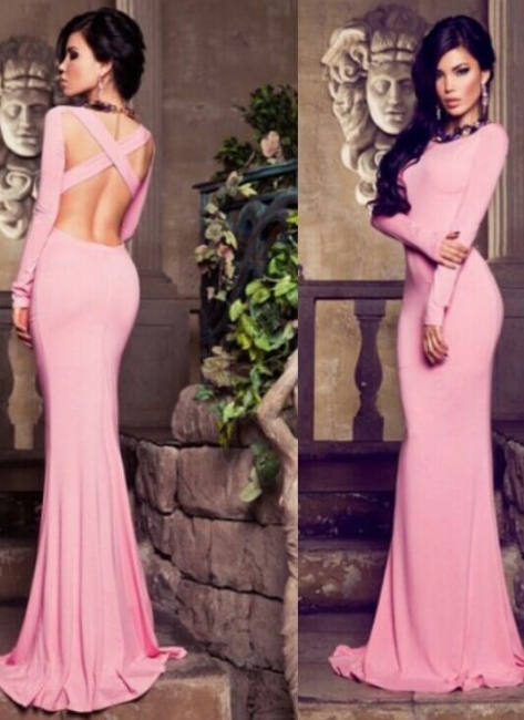 Long Sleeves Pink Prom Dresses Jersey Criss Cross Back Mermaid Evening Gowns
