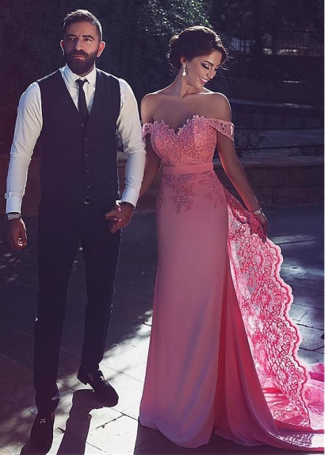 Candy-Pink A-Line Off-the-Shoulder Evening Gowns Lace Long Lace Natural Prom Dresses