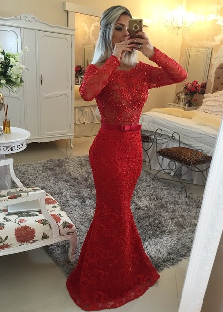 Long Sleeves Lace Mermaid Prom Dresses Red Scoop Backless Long Evening Gowns