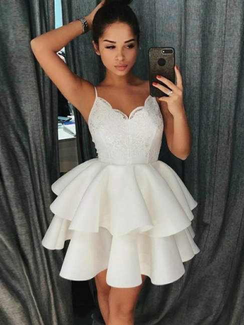 Sexy White Ruffles Homecoming Dresses | Spaghetti Straps Lace Applique Short Cocktail Dresses