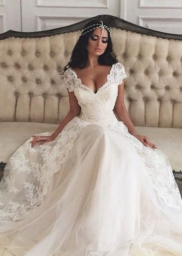 Deep V Neck A-line Wedding Dresses Lace Short Sleeves Layered Bridal Gowns