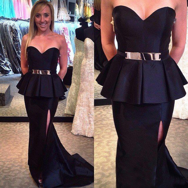 Black Mermaid Prom Dresses Thigh-High Slit with Gold Metal Belt Stunning Evening Gowns