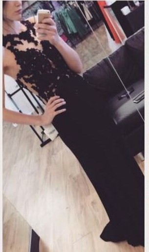 Black Long Prom Dresses Chiffon Sheer Lace Top Sexy Back Evening Gowns