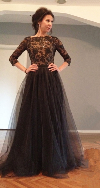 Black Bateau Lace Tulle Prom Dress 3/4 Sleeving Dresses with Beadings