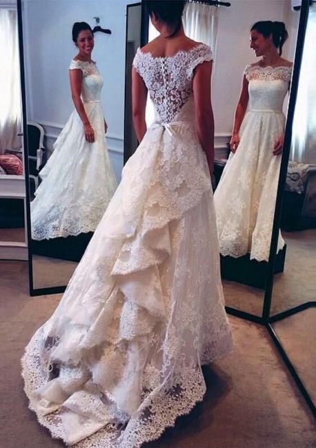 Vintage Lace Wedding Dresses | Off the Shoulder Layers Skirt A-line Bridal Gowns