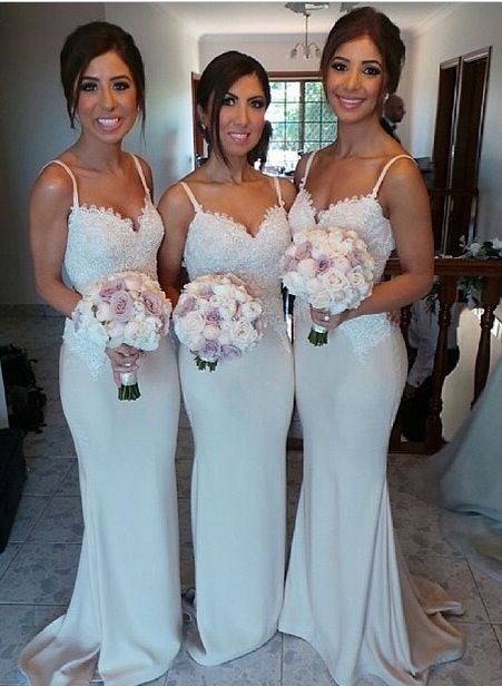 White Sexy Charming Bridesmaid Dresses Spaghetti Strap Lace Glorious Wedding Party Gowns