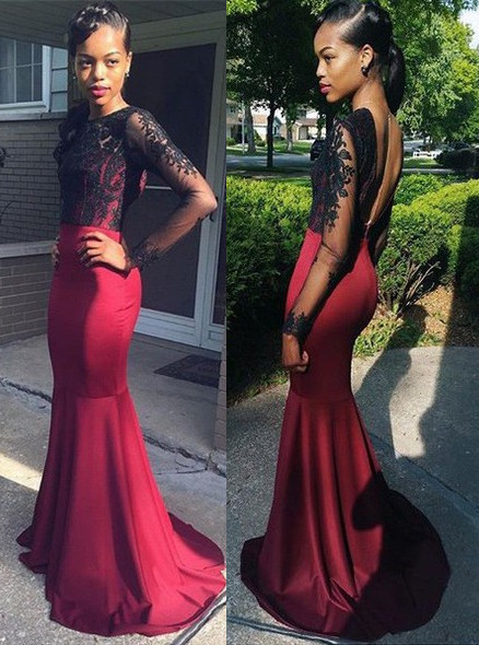 Sexy Mermaid Prom Dresses Long Sleeves Sheer Lace Black Burgundy Formal Evening Gowns