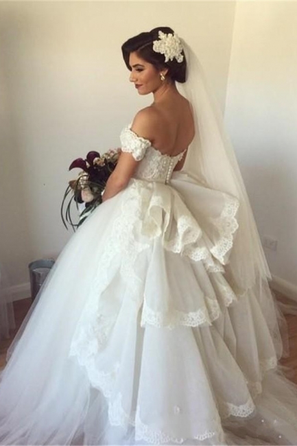 Sweetheart Off the Shoulder Short Sleeves with Ruffles Ball Gown Wedding Dresses