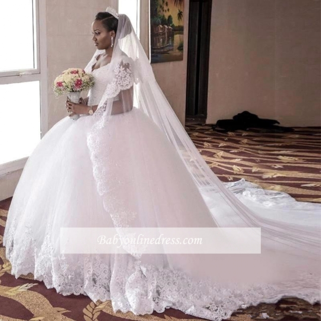 Gorgeous Tulle Cap Sleeve Lace Appliques Long Ball Gown Wedding Dress