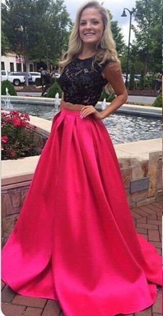 Two-Piece Prom Dresses Capped Sleeves Lace Top Hollow Back Long Evening Gowns