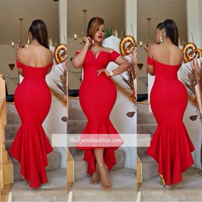 Simple Sexy Off-the-Shoulder Red Prom Dress 2018 Mermaid Hi-Lo Evening Gowns BA0617