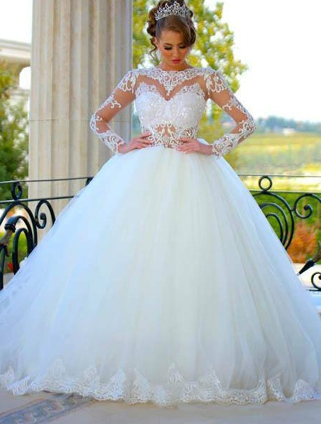 Long Sleeves Ball Gown Wedding Dresses Sheer Lace Puffy Princess Bridal Gowns