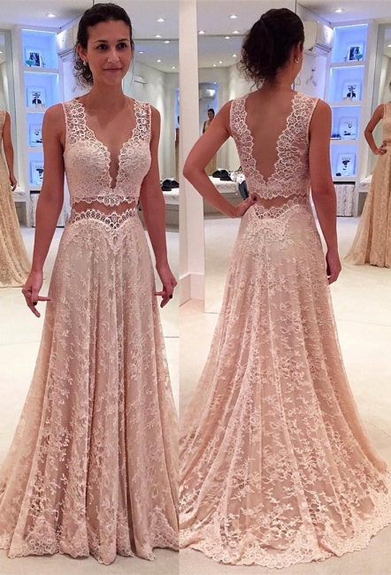 Two-Piece A-line Modern Lace Straps Sleeveless Prom Dress