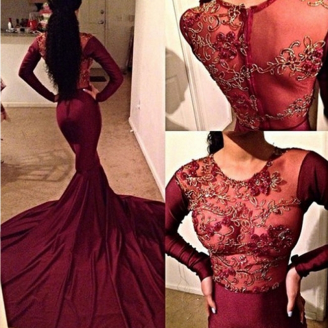 Sexy Burgundy Prom Dresses Long Sleeves Mermaid Embroidery Evening Gowns