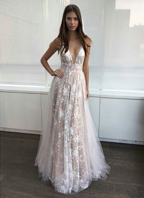 2018 Sexy A-line Prom Dresses Deep-V-Neck Lace Appliques Layers Evening Gowns