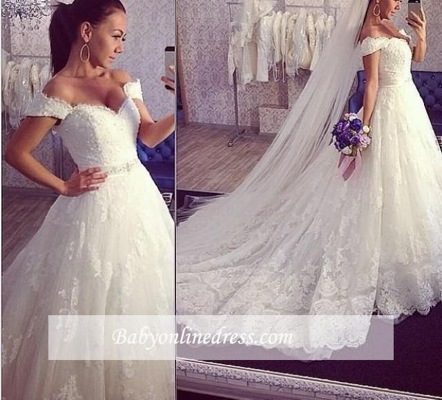 Delicate Train Lace Bridal Ball Gown Tulle Off-the-shoulder Wedding Dress