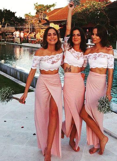 Summer Two-Piece Bridesmaid Dresses | Off-the-Shoulder Slit Wedding Party Dress