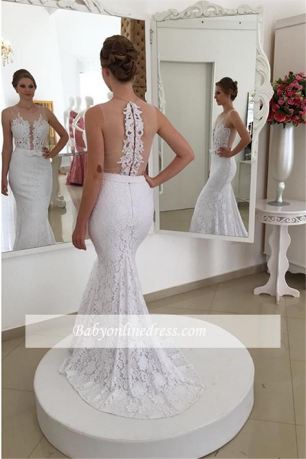 Simple Mermaid White Lace Appliques Sleeveless Wedding Dresses