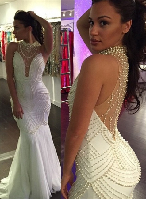 White Mermaid Prom Dresses High Deep V Neck Pearls Beaded Luxury Evening Gowns
