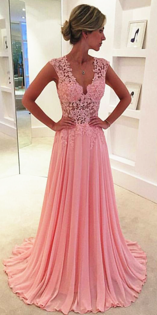 Pink Chiffon Prom Dresses Sheer Lace Applique Top V Neck Long Elegant Evening Gowns