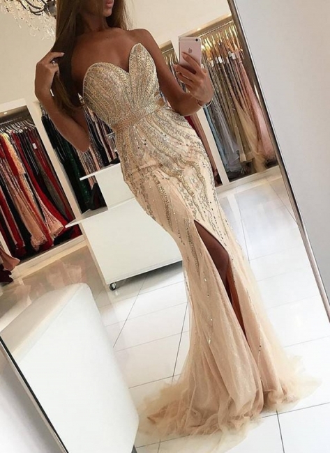 Luxury Beading Mermaid Prom Dresses | Sweetheart Side-Slit Evening Dresses Sweep Train