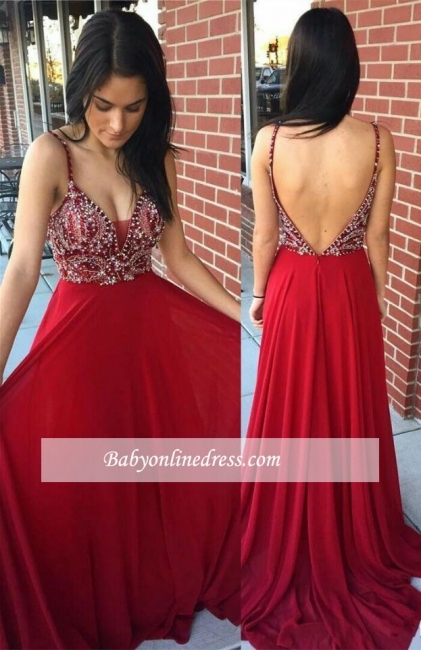 Beaded Sexy A-Line Long Spaghetti-Straps Prom Dresses