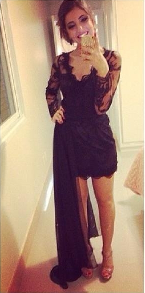 Black Lace Short Long Sleeves Prom Dresses with Detachable train Evening Gowns