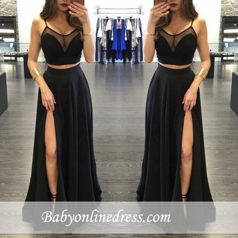 Sexy Two-Piece Evening Gowns | Black Sheer Side Slit Formal Dress