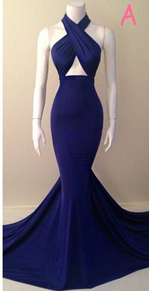 Blue Halter Neck Mermaid Evening Gowns Alluring Simple Long Prom Dresses