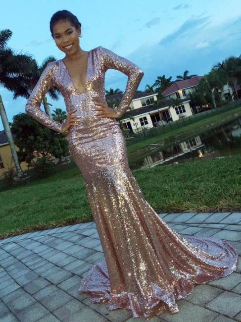 2018 Glamorous V-Neck Long-Sleeve Mermaid Sequins Evening Dress