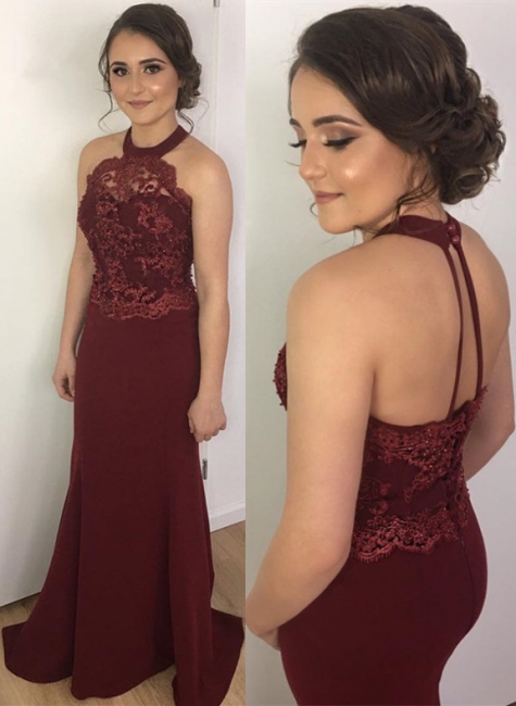2018 Burgundy Prom Dresses Mermaid Lace Halter Backless Evening Gowns