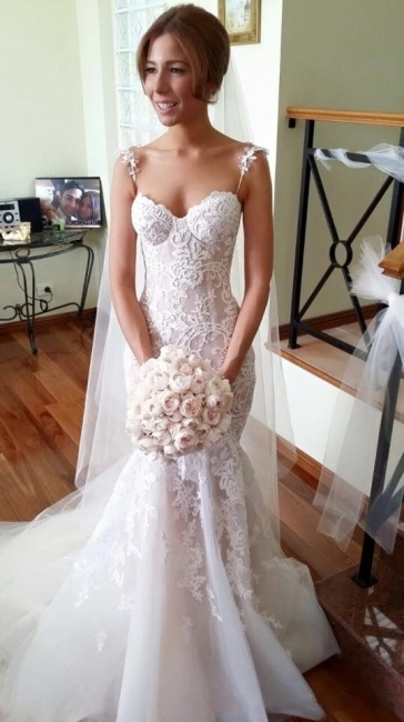 Mermaid Beach Wedding Dresses Spaghettis Straps Lace Appliques Sexy Long Bridal Gowns