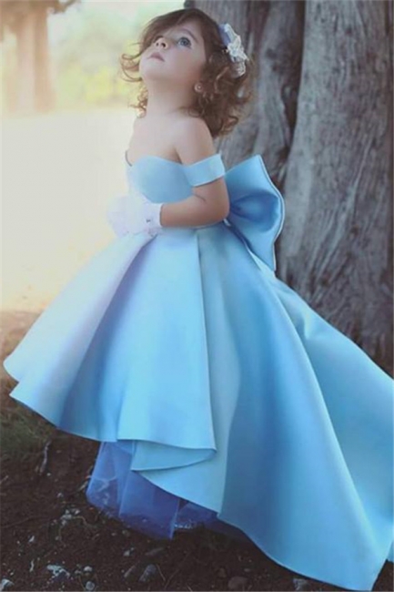 Lovely Simple Bow Blue Off-the-Sholder Flower-Girls Dresses