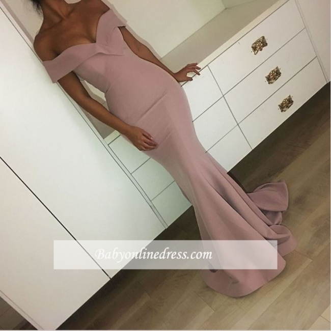 2018 Mermaid Off-the-Shoulder Sexy Long Plain Pink Prom Dresses
