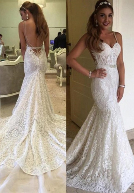 Elegant Backless Spaghetti Straps Mermaid Lace Wedding Dresses