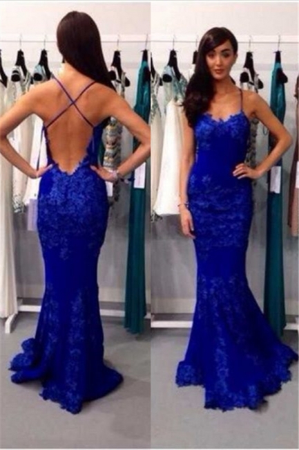 Alluring Lace Mermaid Royal Blue Evening Dress Spaghetti Straps Backless Prom Dress