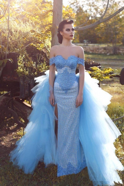 Glamorous Blue Lace Prom Dresses Off-the-shoulder Tulle Evening Dress