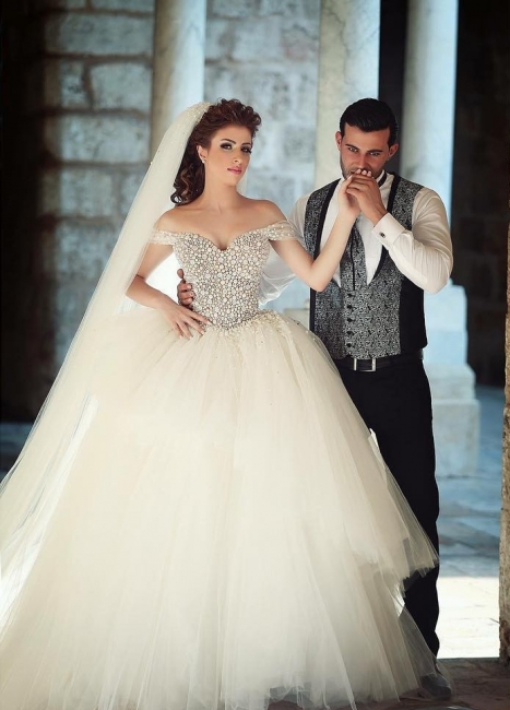 Off Shoulder Pearls Lace-up Back Tiers Tulle Sweep Train Ball Gown Wedding Dresses