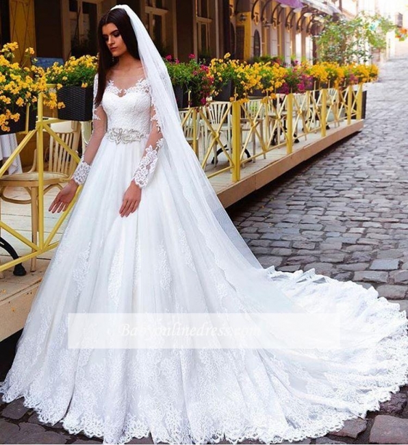 Elegant Long Sleeves Crystal Lace Princess Wedding Dresses