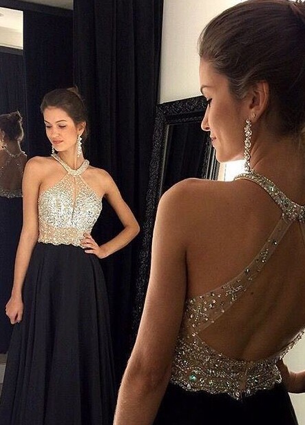 Sexy Black Prom Dresses Halter Neck Crystals Bodice Open Back Chiffon Long Evening Gowns