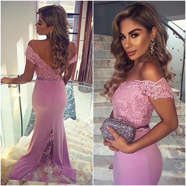 Lilac Mermaid Prom Dresses Long Off the Shoulder Lace Elegant Evening Gowns