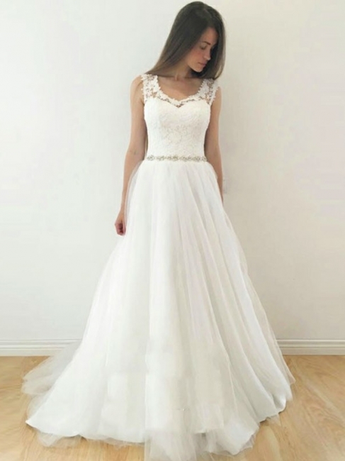 Simple Lace A-Line Wedding Dresses | Scoop Sleeveless Beaded Illusion Back Tulle Bridal Gowns