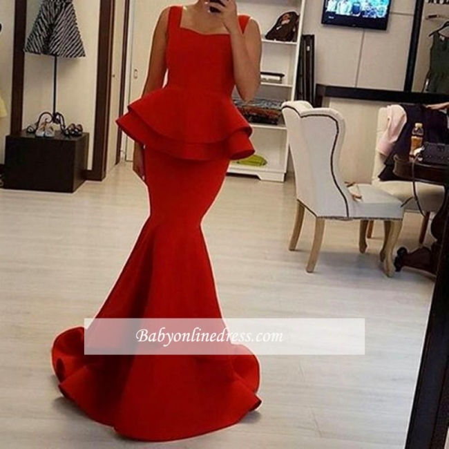 Sexy Red Straps Mermaid Prom Dress Square Ruffles Evening Gowns