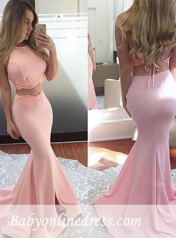 Cute-pink Scoop-neckline Two-pieces Sweep-train Mermaid Prom Dress