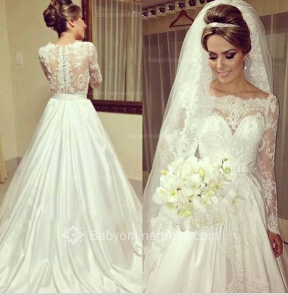 Bateau Satin Lace Wedding Dresses Long Sleeve Simple Bridal Gowns with Buttons
