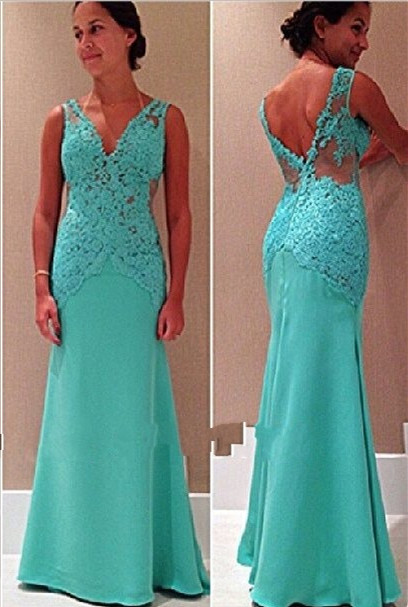 Sexy Mermaid Lace V-Neck Prom Gowns Sleeveless Open-Back Party Dress
