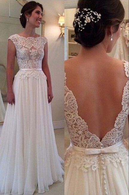 Lace Chiffon Backless A-line Wedding Dresses Capped Sleeves Sweep Train Summer Bridal Gowns